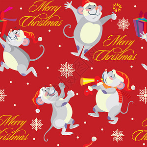 矢量无缝模式在红色背景上有不同的可爱鼠标字符矢量存图示冬季假日圣诞节前夕概念用于打印横幅标签贺卡图片