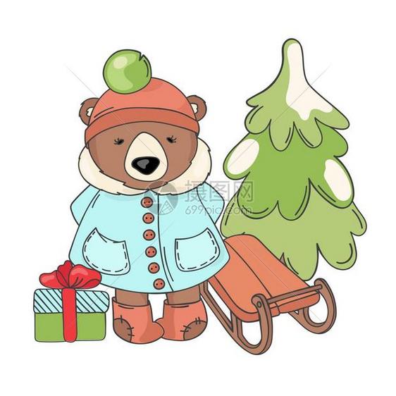 雪橇快乐圣诞节卡通矢量插图集图片