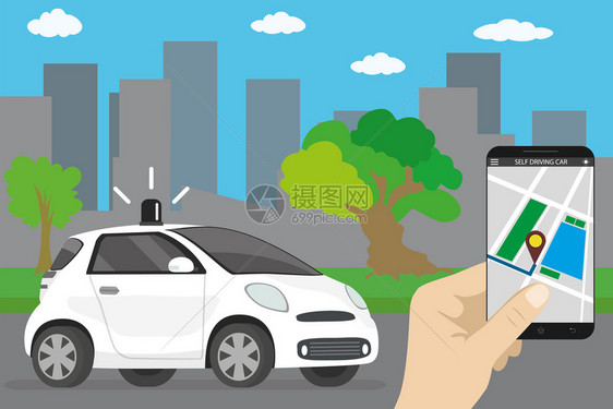 手持智能机汽车城市地标运输概念图图片