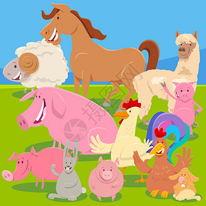 在草原上的农场动物人群的漫画插图图片