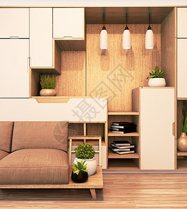 现代衣柜木制日本式的和沙发手椅在空房间里用木制沙发手椅室内最小3d图片
