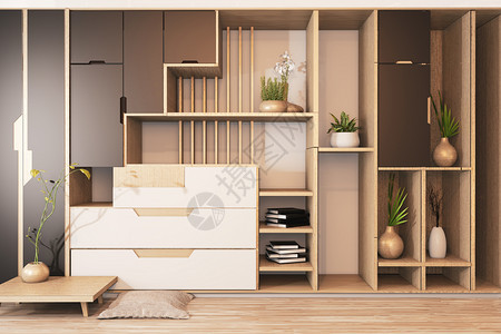 黑柜和白色子混合衣架木制日本式和架上装饰厂3d背景图片