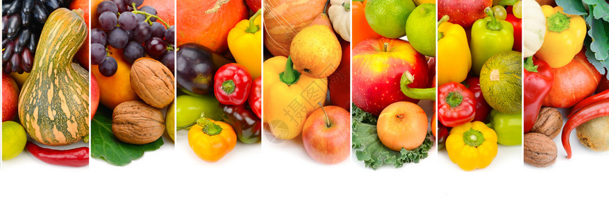 在白色背景上隔绝的新鲜水果和蔬菜拼贴宽幅照片免费文本空间图片