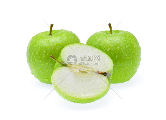绿色苹果白背景上隔着一滴水图片