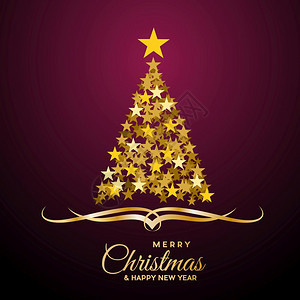 矢量抽象覆盖金色圣诞树文本在紫色背景上图片