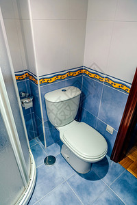 厕所马桶以及蓝色地砖图片
