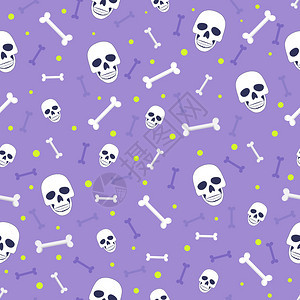 以及紫色背景上的骨骼无缝图案神圣的头骨图案背景矢量图解图片