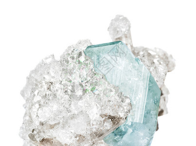 由白底绝缘的蓝色达托利岩晶体和透明的白底活闪石组成的矿物试样Dalnegorsk矿俄罗斯图片