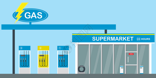 加油站超市加油站和超市平板矢量说明插画