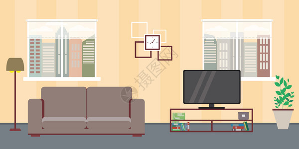 室内客厅有两扇窗户Sofatv内有家具的室设计负向矢量说明图片