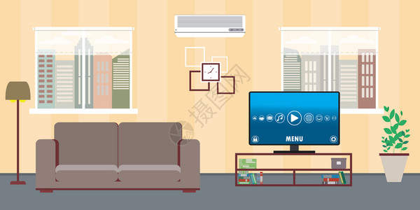 室内客厅装两个窗户Sofatv和空调内装家具充气矢量插图客厅室内Sofatv和空气连接图片