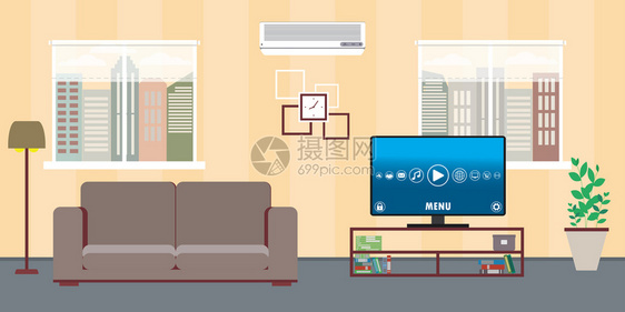 室内客厅装两个窗户Sofatv和空调内装家具充气矢量插图客厅室内Sofatv和空气连接图片