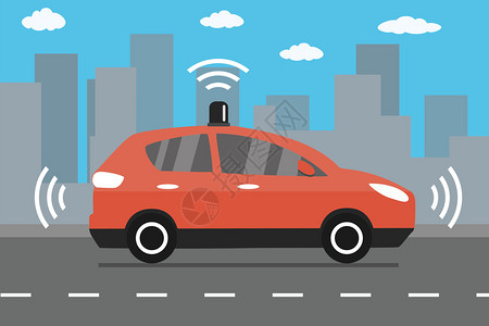 自动驾驶车在路上现代红色汽车在城市背景图图片