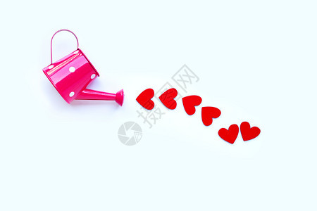 粉红水罐用白色背景的木心塑造情人节概念复制空间图片