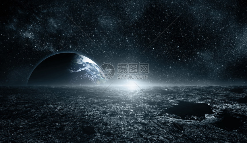地平线上的月亮表面和地球空间艺术幻想蓝色颜由Nas提供的图像元素图片