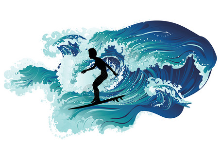 海和人冲浪的波和人轮廓设计插画