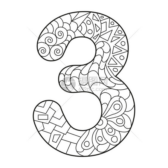 用于颜色的黑和白矢量说明在zentagl样式中为3编号白色背景中孤立的空线轮廓创意背景图片下载 正版图片 摄图网 用于颜色的黑和白矢量说明在zentagl样式中为3编号白色背景中孤立的空线轮廓创意背景图片下载 正版图片 摄图网