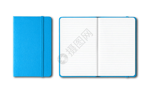 杂志打开以白色青蓝封闭和开放的笔记本以白色背景