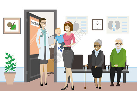 卡通向医生和办公室和不同的人在等待办公室前面的causin女护士气压矢量插图卡通向医生和办公室和不同的人打开门图片