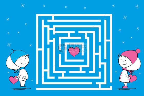 爱情夫妇和迷宫游戏有心冬服的funy字符Carton矢量插图爱情夫妇和迷宫游戏冬天的funy字符图片