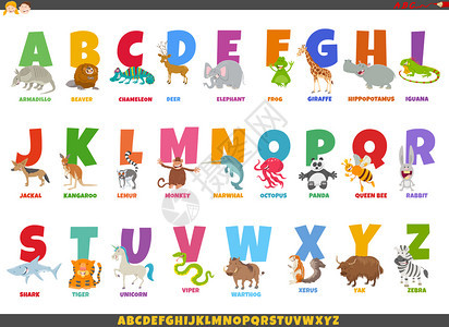 带快乐动物字符的多彩字母卡通插图图片