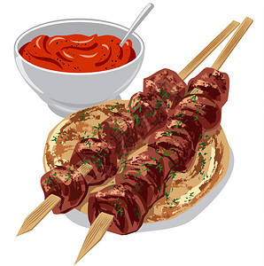 插图烤肉串加番茄酱的皮塔面包和番茄酱图片