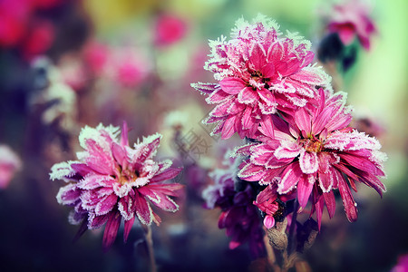 粉红的菊花覆盖着霜冻的花朵第一个冰冻的选择焦点背景图片
