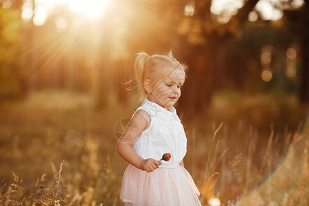 两个尾巴的小女孩日落时在公园散步穿粉红色裙子的可爱小宝图片