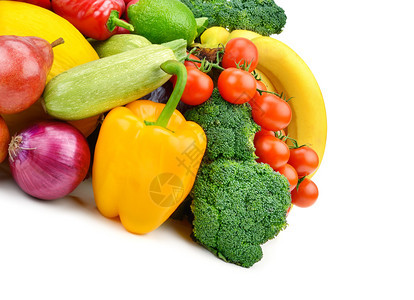 将一组蔬菜和水果隔离在白色背景上空闲文本间图片
