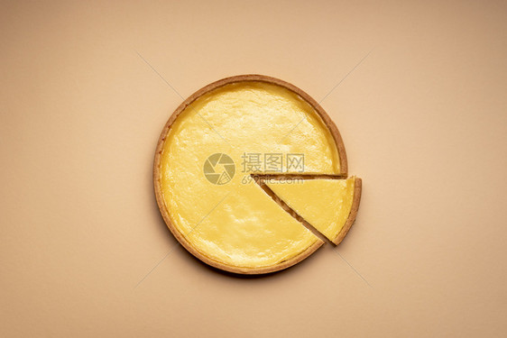 奶油色桌上的美味奶酪蛋糕上面的风景一块芝士薄饼全部切片图片
