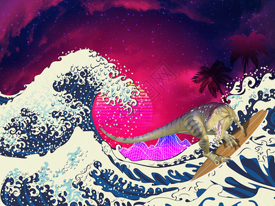 冲浪海报海洋浪棕榈树月亮山和冲浪3d暴龙雷克斯回溯式图解背景