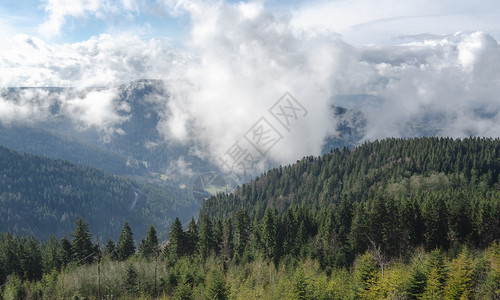 阳光明媚的春日云层和林覆盖着黑森山脉高风景和白云旅行目的地图片