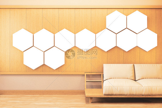 墙壁上带有六角灯光和塔米垫底有六角光的ryokan房间图片