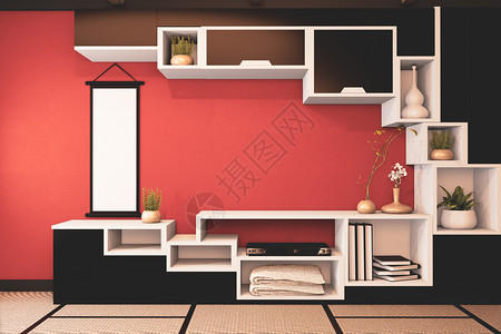 设计黑柜架木制日本风格在红岩熔空房间最小3d图片
