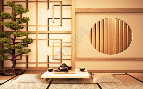 带有圆环的内中和圆木窗制设计图日本房和塔米垫子的木制设计图背景图片
