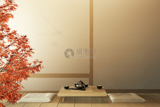 配有木地板和装饰日本风格的现代千家客厅图片