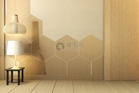 配有木制六边形瓷砖房的木制板柜电视日本式3d图片