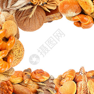 白色背景中孤立的新鲜面包产品框架拼贴图片