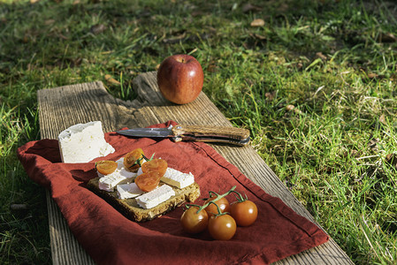 在户外草地面包和红餐巾上在木板阳光下户外提供健康食物西红柿和芝士在野外徒步上吃东西图片