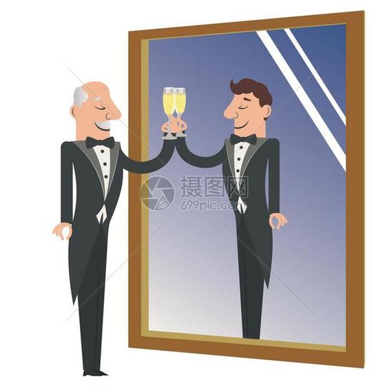 将香槟的杯子放在镜里把自己看成年轻时的反射图片