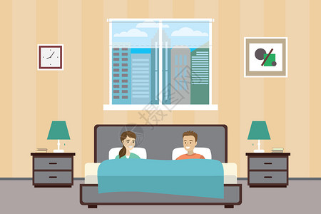 人们躺在床上causin夫妇在卧室家庭内与具气压设计卡通矢量插图图片