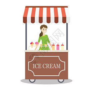 卡通售卖冰淇淋的女孩矢量插图图片