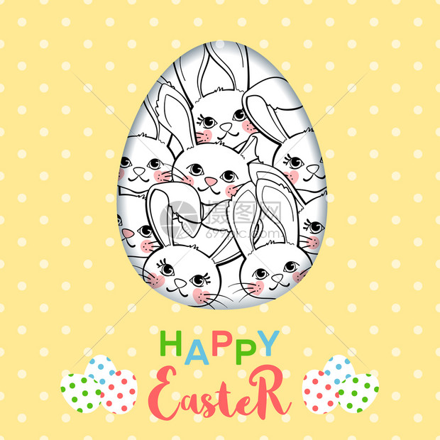 带可爱的东边小兔子和鸡蛋的gtein卡片有可爱的东边小兔子和鸡蛋的polka点背景快乐的东边海报或横幅图片