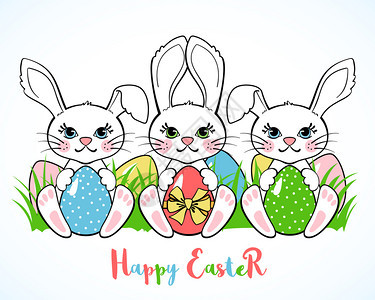 带可爱的复活节兔子和白背景的鸡蛋gtein卡片快乐的复活节海报或带兔子的横幅可爱复活节兔子和白背景的鸡蛋gtein卡片图片