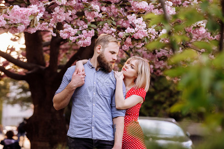 美丽的年轻夫妇有胡子的男人和金发女拥抱在春天公园里图片
