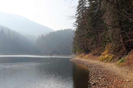 叶子在阳光明媚的秋天前会掉落森林湖泊和山丘扎卡帕蒂亚州乌拉茵在阳光明媚的秋天前会看到林子湖叶会掉落森林湖泊和山脉图片