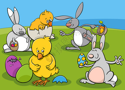 在节假日用彩蛋展示有趣的复活节人物和彩蛋的漫画插图图片