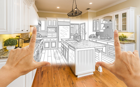 女用手设计定制的厨房图纸和平方相片组合图片