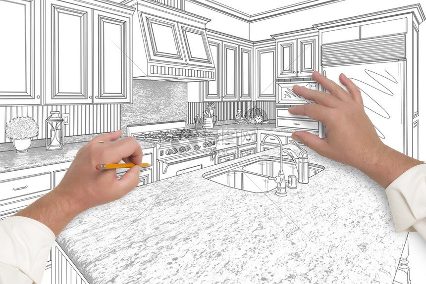 男手用铅笔画一个美丽的定制厨房轮廓