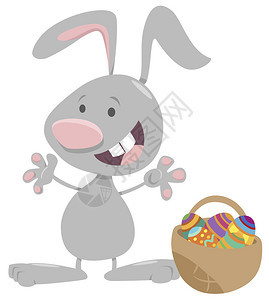 有趣的复活节兔子和一篮彩蛋的漫画插图图片